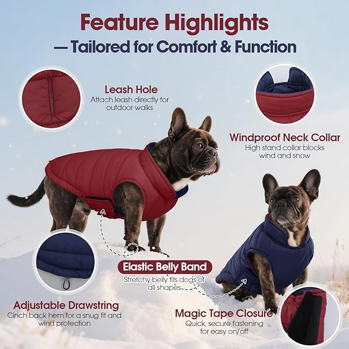 QBLEEV Reversible Dog Winter Coat, Waterproof Windproof Dog Jacket with Adjustable Fit & Leash Hole, Lightweight Warm Puffer Vest for Large Breeds, Wine Red, 2XL – Fits Labrador, Husky, Weimaraner