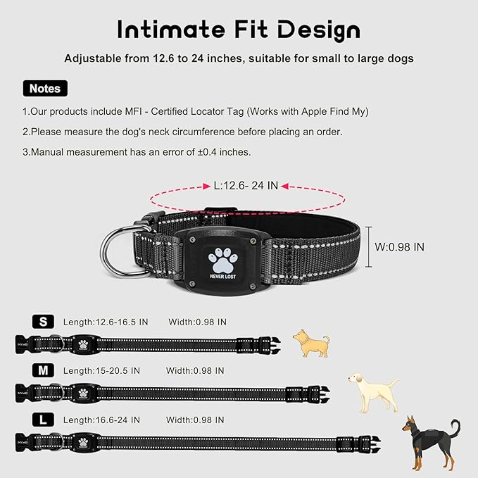 GPS Dog Collar Tracker 2-in-1,Reflective Waterproof Pet Collar,iOS-Only,No Monthly Fees,Unlimited Range,Ideal for Dog Tracking pet Tracker,for Small Medium Large Dogs(S (12.6"-16.5"), Black)