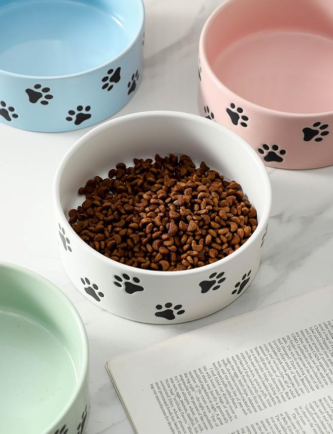 6.5 Inch White Ceramic Dog Bowl with Paw Print Pattern - Porcelain Wide Mouth Dog Food or Water Bowls, Large Feeding Pet Bowls for Indoor Medium Sized Dogs, for Wet or Dry Food