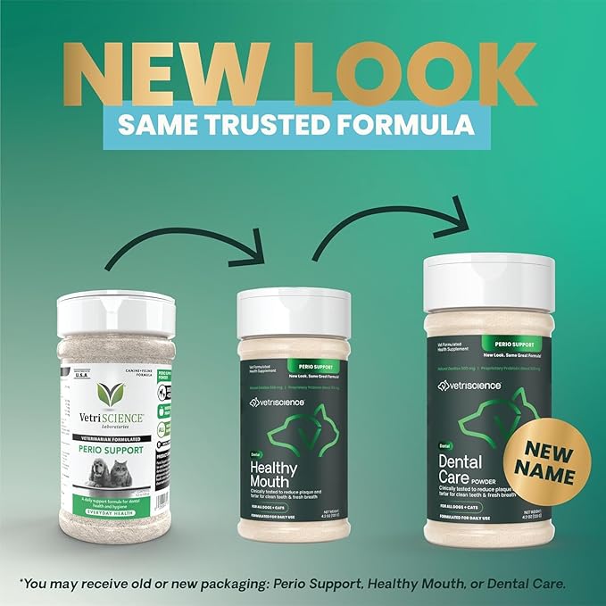 VetriScience Healthy Mouth Dog Dental Powder, 2Pack – Helps Reduce Plaque & Tartar Buildup, Support Clean Teeth & Fresh Breath, Vet-Formulated Oral Care Powder for Dogs Cats, NASC Certified, 2 x 4.2oz