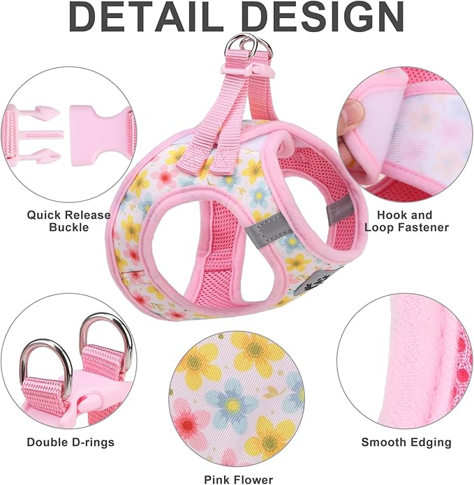 EXPAWLORER Small Dog Harness and Leash Set - Cute Puppy Harness Leash Dog Collar with AirTag Holder Silicone Case, Soft Padded Step in Pet Vest Reflective for Outdoor Walking, Floral M