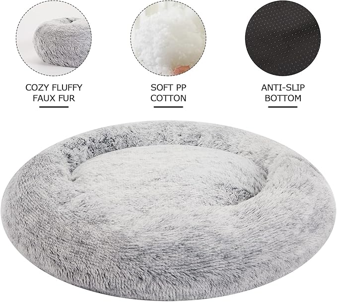 Bedfolks Calming Donut Dog Bed for Extra Large Dogs, 45 Inch Round Plush Bed with Non-Slip Bottom (Dark Grey, Extra Large)