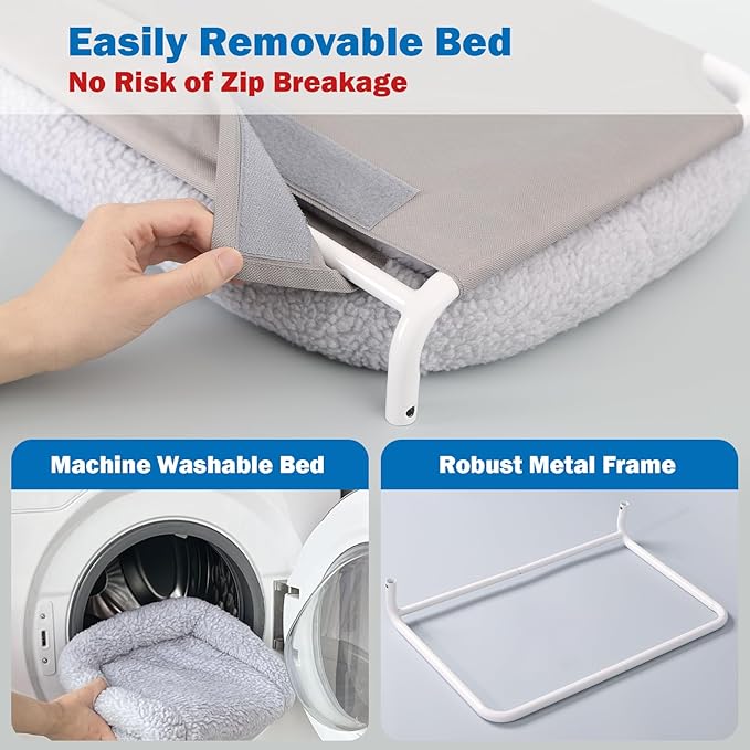 Zakkart Foldable Cat Hammock for Window - Cordless, Embeded Machine Washable Bed, Robust Metal Frame - Cat Window Perch for Large Cats and Kittens (Gray Bolster Bed, Large)