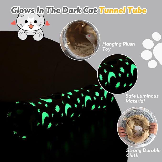 Cat Tunnels for Indoor Cats with Plush Toys Glows in The Dark Dog Cat Tunnel Tube Toys Photoluminescent for Indoor Cats Small Dogs Puppy Kitten Rabbit Bunny Ferret Pet Gray
