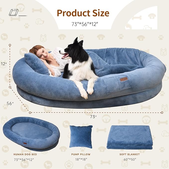 Human Dog Bed for Adults, 73"x56"x12" Washable Orthopedic Size, Faux Fur Removable, Cozy Large Present with Blanket and Pillow, Grayish Blue