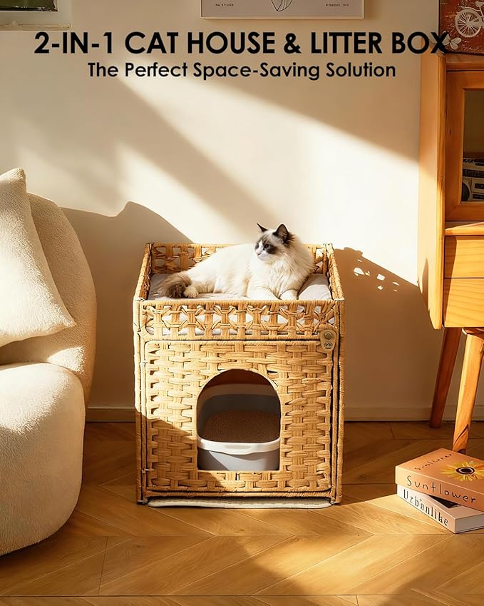 Cat Litter Box Enclosure Furniture - Handwoven Rattan Hidden Litter Box Cover with Mat and Fence, Enclosed Cat Box Furniture for Living Room & Bedroom, Natural Finish, 18.5" x 20.5" x 19.1"