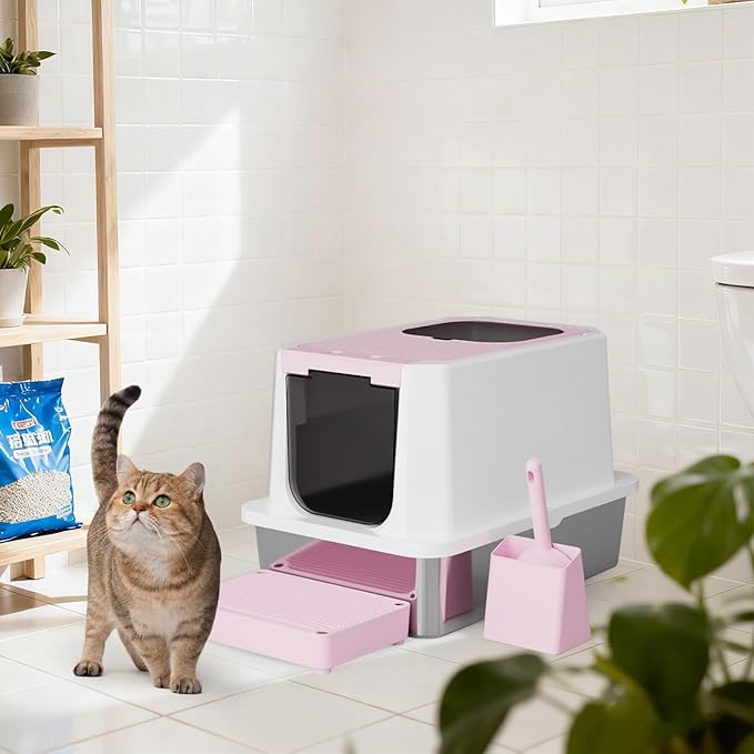 RIZZARI Enclosed Cat Litter Box: Large Top & Front Entry with Odor Control - Stainless Steel with Teflon Non-Stick Coating - High-Sided Pink Litter Pan for Multi-Cat Homes - for Apartments Hallways