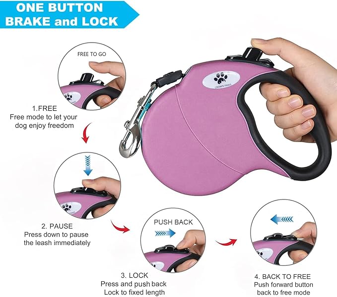 16 ft Retractable Dog Leash for Large Dogs up to 110 lbs,Tangle-Free Nylon Tape,Pink L