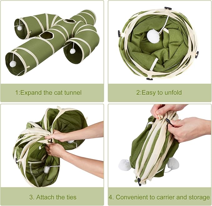 Ownpets Cat Tunnel Cactus-Shaped, Sturdy Oxford Fabric Collapsible Cat Tunnels for Indoor Cats,Interactive Peek Hole Pet Tunnel Tube with Cat Wand Toy, Green