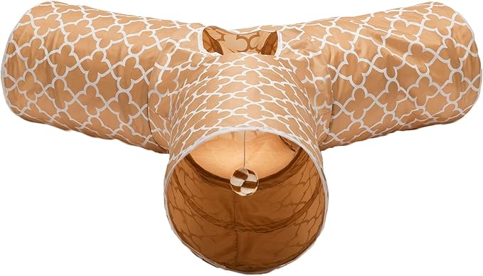 Cat Tunnel - Collapsible 3 Way Quatrefoil Play Toy - Tube Fun for Rabbits, Kittens, and Dogs - Quatrefoil Brown/White