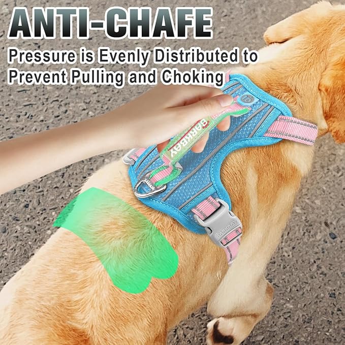 BARKBAY No Pull Dog Harness Large Reflective Dog Harness with Front Clip and Easy Control Handle for Walking Training Running with ID tag Pocket(Baby Blue & Baby Pink,M)