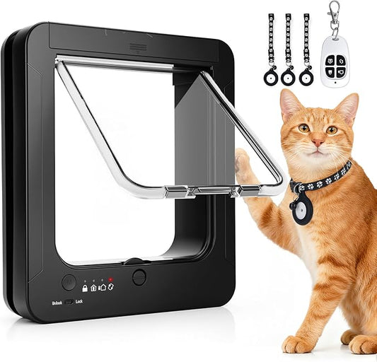 Smart Cat Door for Interior & Exterior, RFID Cat Pet Door with 3 Collar Sensor Keys & 1 Remote Control & 4 Way Locking Cat Flap with Collar Sensors Activated Opening CatDoor (Black)