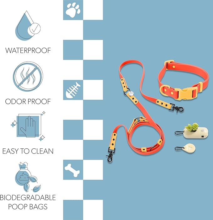 WLK1006A-5SET Luna Large 8FT Adjustable 6-in-1 Waterproof Hands-Free Leash and Collar with LED Flashlight, Bag Dispenser, and Poop Bag Holder, Aperol