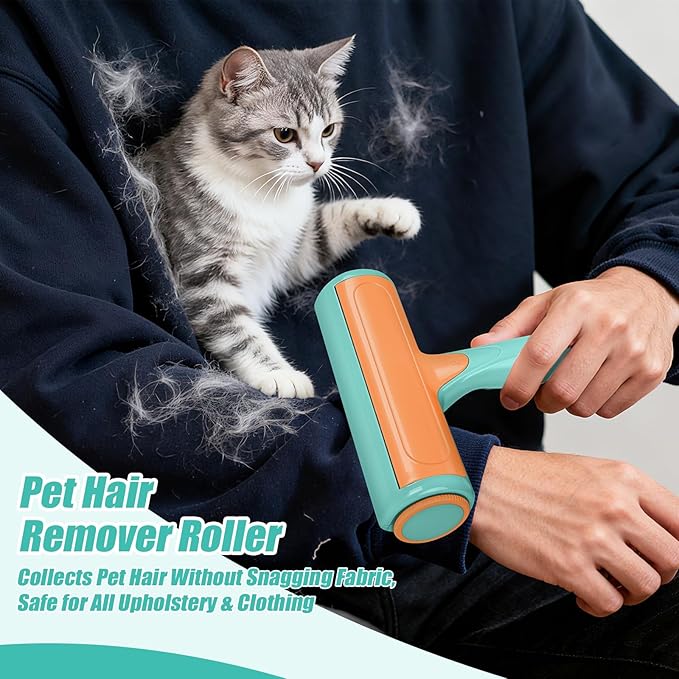 Pet Hair Removal Tool, Self Cleaning Pet Hair Remover, Reusable Lint Roller with Large Capacity Dust Bin, Ergonomic Grip for Furniture, Car Seats, Sofa, Carpet, Bed (Turquoise)