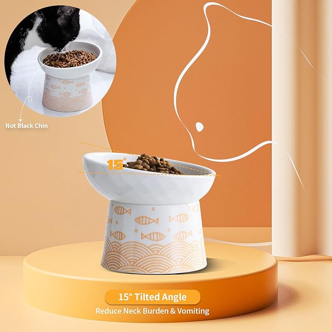 OMAYKEY Elevated Cat Bowls, 8 Oz Ceramic Raised Tilted Cat Food Water Bowl, Reduce Vomiting and Protect Pets' Spines Dishes for Cat, Small Dog and Kitten, Orange, 2 Packs