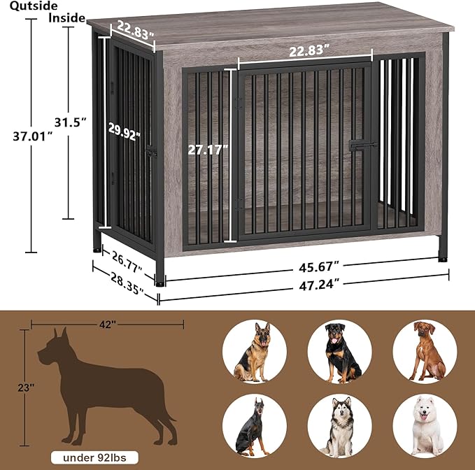 EasyCom Dog Crate Furniture for 1 or 2 Dogs, Heavy Duty Single/Double Dog Crates for Small/Medium/Large Dogs, Dog Kennel Furniture Indoor as TV Stand, Extra Large Size 47.24" L(65-92 Pounds), Oak Grey
