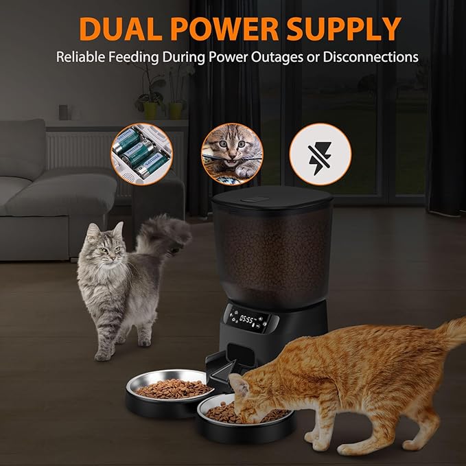 Automatic Cat Feeders for Two Cats, 5L/20 Cups Double Automatic Cat Food Dispenser with 2 Stainless Bowls, Timer Setting 20 Portions 6 Meals Per Day, 10s Meal Call, Pet Feeder for Dog (Black, 5L)