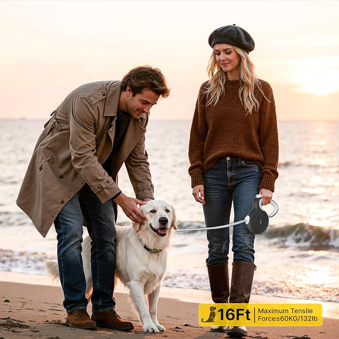 AutoBrake Retractable Dog Leash for Medium and Large Dogs, 360° Tangle-Free Dog Leash and 16Ft Strong Nylon Tape, Ergonomically Comfortable and Lightweight Grip Handle (Black)