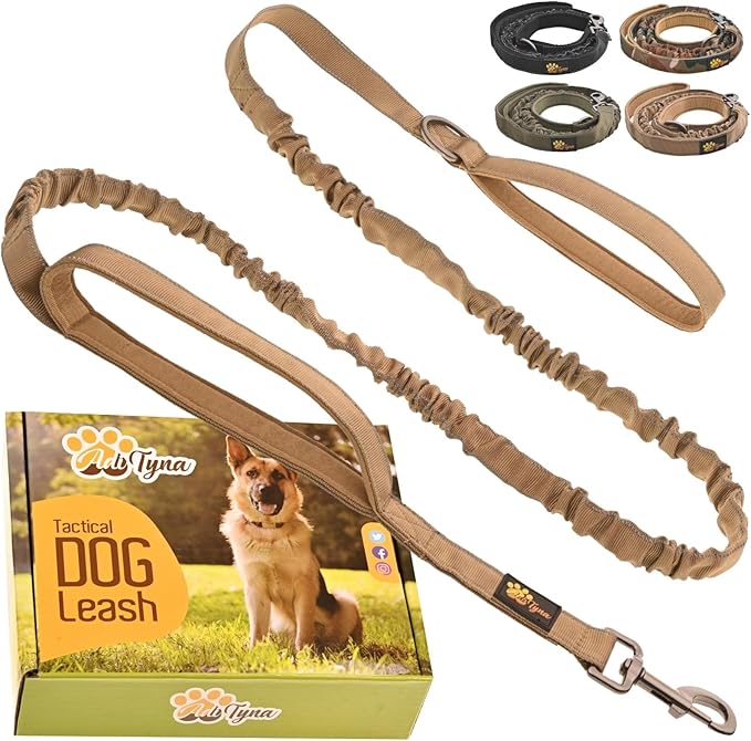 ADITYNA Tactical Bungee Dog Leash 6ft-7.5ft - Shock Absorbing Lead with 2 Padded Handles, Metal Clasp, Car Seatbelt - Heavy Duty No Pull for Medium, Large & XL Breeds