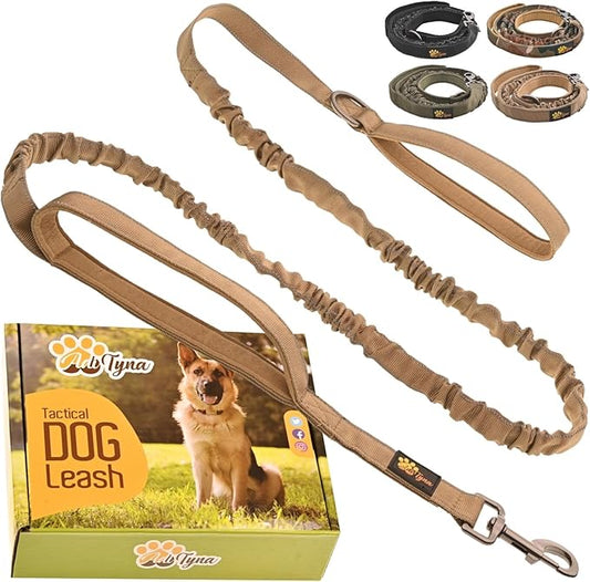 ADITYNA Tactical Bungee Dog Leash 6ft-7.5ft - Shock Absorbing Lead with 2 Padded Handles, Metal Clasp, Car Seatbelt - Heavy Duty No Pull for Medium, Large & XL Breeds