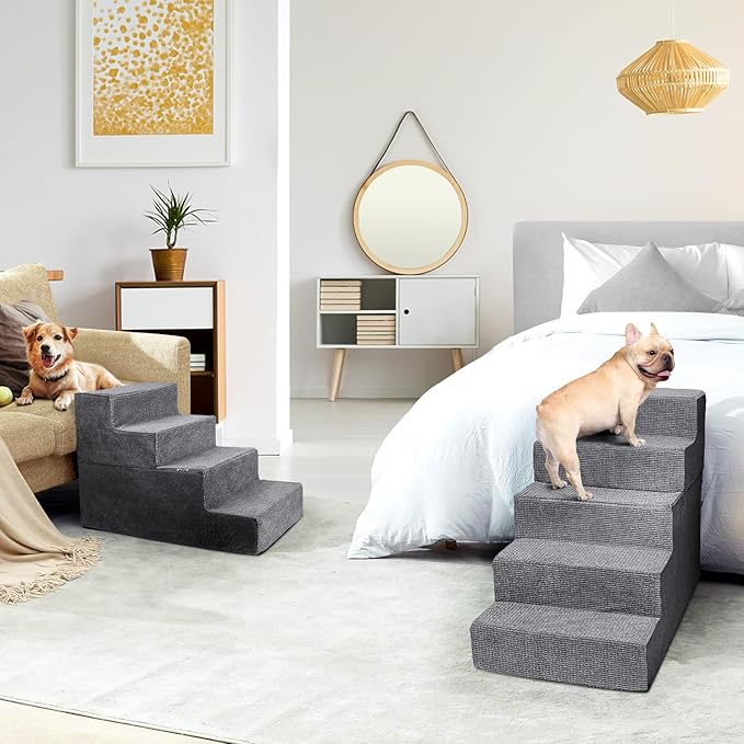 Heeyoo Dog Stairs for Small Dogs, 4-Step Dog Steps for High Bed and Couch, High-Density Foam Pet Steps with Supporting Board, Non-Slip Removable Washable Cover, Grey, 18" High