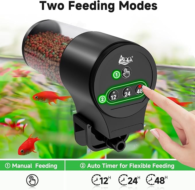 AQQA Automatic Fish Feeder for Aquarium Auto Feeder with 12H/24H/48H Timer 110ml Large Capacity Manual/Auto Feeding Modes Battery Powered Fish Food Dispenser