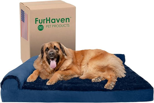 Furhaven Orthopedic Dog Bed for Large Dogs w/ Removable Bolsters & Washable Cover, For Dogs Up to 125 lbs - Plush & Velvet L Shaped Chaise - Deep Sapphire, Jumbo Plus/XXL