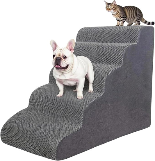 5 Step Pet Stairs Ramp for High Beds Sofas 23-30 Inch with Sturdy Non Slip Waterproof Pads, Machine Washable Cover Indoor Balanced Design for Cats Dogs Small Medium Large XL Pets Grey Large