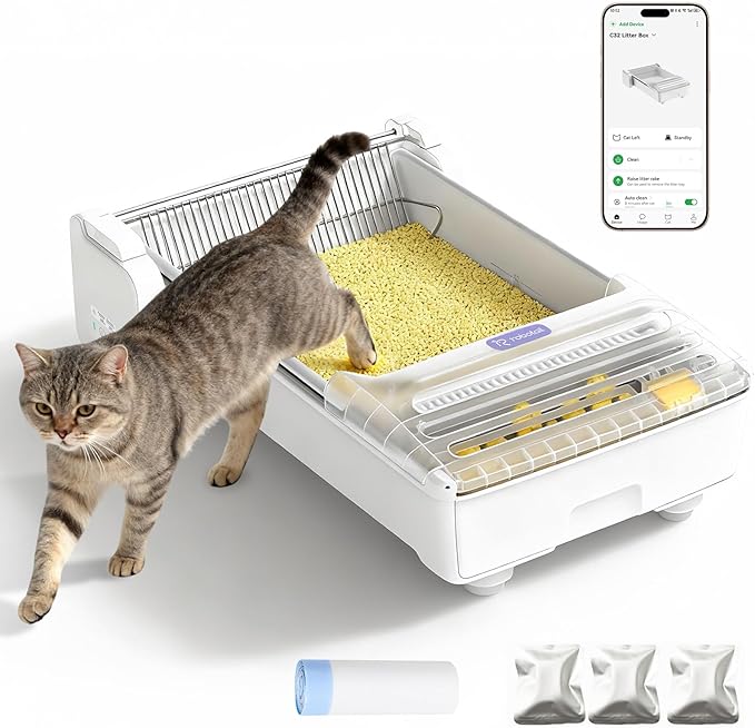 Robotail Fully-Open Automatic Self Cleaning Litter Box, Extra Large Space Electric Cat Litter Box with APP Control Health Monitor, Smart Litter Tray for Multiple Cats, with 20 Liners