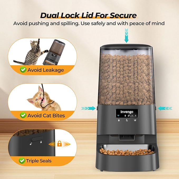 Automatic Cat Feeder with App Control, 5L Food Dispenser for Cats and Small Dogs, 2.4/5G Wi-Fi, Dual Power, Programmable Portions, Anti-Jam & Fresh-Lock, Stainless Steel Bowl, Easy to Clean
