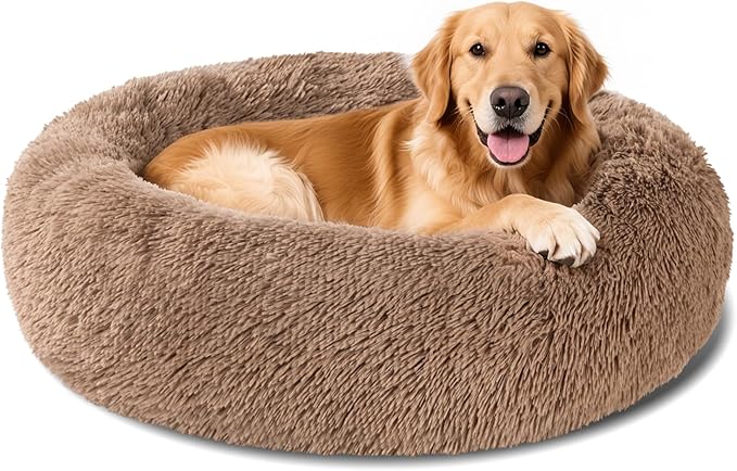 Dog Calming Beds for Medium Large Dogs - Round Donut Washable Dog Bed, Anti-Slip Faux Fur Fluffy Donut Cuddler Anxiety Cat Bed(36" Khaki)