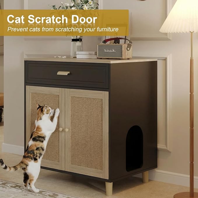 Cat Litter Box Enclosure Furniture Hidden - Indoor 2-in-1 Wooden Cat House & Washroom Cabinet with Scratching Board Doors and Drawer, 31.5”x21.6”x34.6”, Black