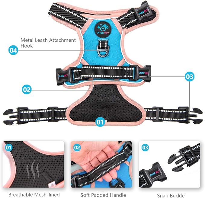 PHOEPET 2019 No Pull Dog Harness Medium Reflective Front Clip Vest with Handle,Adjustable 2 Metal Rings 3 Buckles,[Easy to Put on & Take Off](M, Blue)