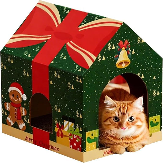 Christmas Cardboard Cat House with Scratching Pad (15"x12"x15") Christmas Decorations Scratching Pad for Kitty Cat Play House for Indoor Cats Christmas Green