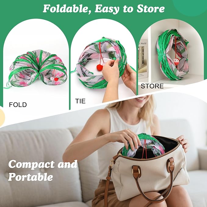 Pawaboo Cat Tunnel, S-Shaped Cat Tube Tunnel 25 * 97cm(9.8''*38.2'') with Balls and Bells, Collapsible Portable Kitten Play Tent Toy Interactive Cats House with Peep Holes for Kitty, Tulip & Bird