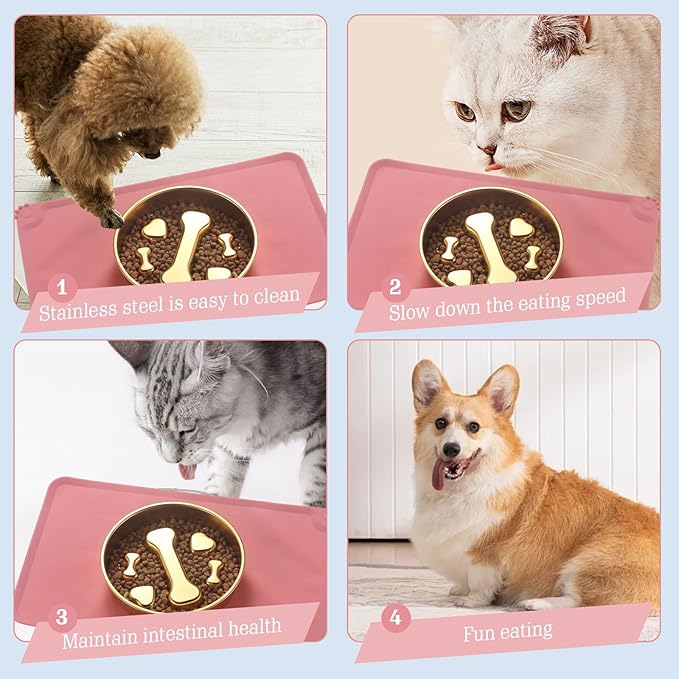 Golden Stainless Steel Slow Feeder Dog Bowls – Non-Slip Metal Dog Bowl for Large & Medium Breeds, Puppy Puzzle Feeder – 2 Cup for Small to Big Pets – Durable Slow Feed Dog & Cat Food Dish with Mat