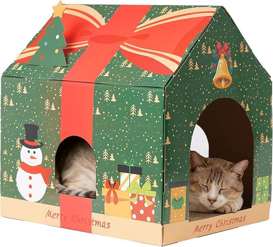Cat Scratching House, Christmas Theme Scratcher Cardboard, Lounge Bed for Indoor Rest & Play, House Scratcher Pad (Green, 14.4 "L X 15" W X 11.8" H)