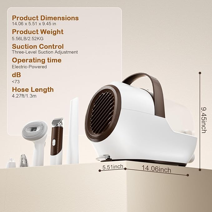 Dog Grooming Vacuum, Dog Grooming Kit with Pet Clipper Nail Grinder, 6 Pet Grooming Tools (Beige)