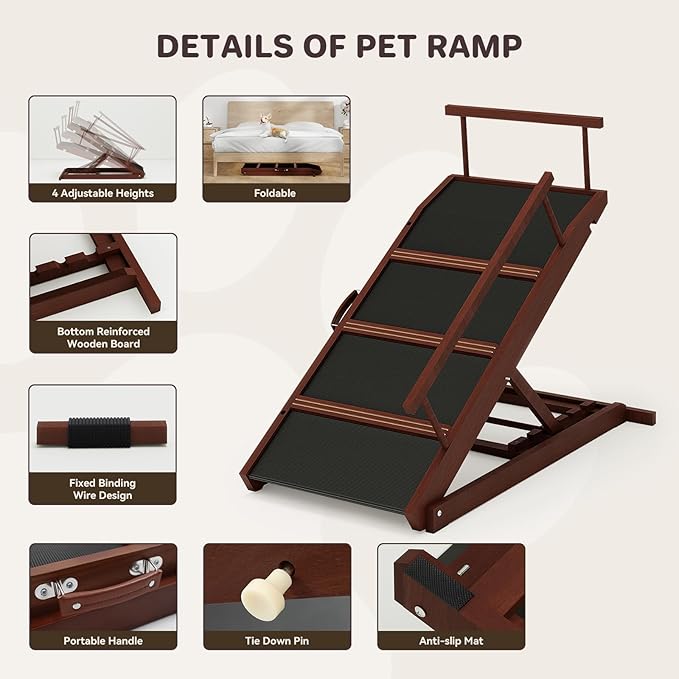 Walnut Wooden Dog Ramp for Bed Folding Pet Ramp for Dogs,Including Non Slip Mat & Safety Side Rails Adjustable Dog Bed ramp from to Up to 132 lbs