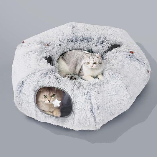 Cat Tunnel Bed for Indoor Cats, L Christmas Tree Skirts Washable Warm Soft Indoor Cat Donut Tunnel, Multifunctional Cat Interactive Playground Toys for Felines Pet Christmas Tree Decoration