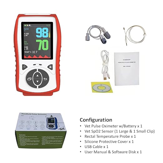 Vet Pulse Oximeter Handheld Oximeter with 2.8" LCD, Pet Vital Signs Monitor for SpO2 / Heart Rate/TEMP, Rechargeable Battery - Veterinary Use for Dogs, Cats, Horses (Orange Case)
