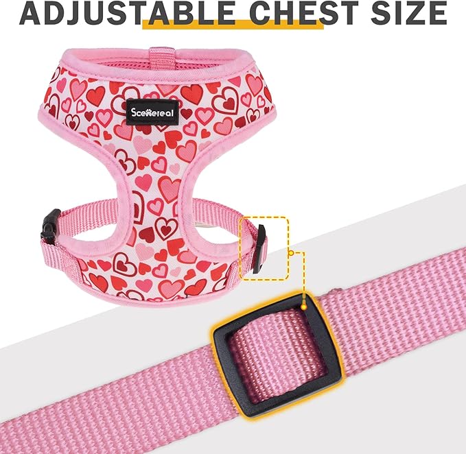 SCENEREAL Valentine's Day No Pull Dog Harness Collar Leash Set for Small Sized Dogs, Soft Mesh Step in Plaid Harnesses for Fall Winter, Adjustable Pet Vest for Outdoor Walking Training and Running, S
