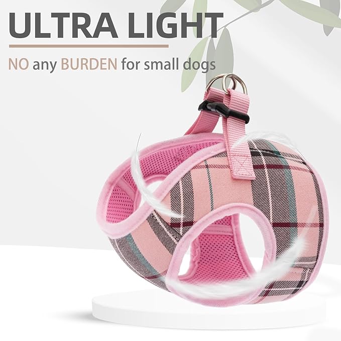 PUPTECK Soft Mesh Dog Harness and Leash Set Step-in Plaid Puppy Padded No Pull Vest Harness for XS Small Medium Sized Dogs Cats Outdoor Walking, Pink S