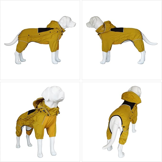 LOVELONGLONG Waterproof Dog Raincoat with Removable Hood – Outdoor Full Body Dog Jacket, Windproof Snowproof Shell Suit – All Season Pet Rain Gear Mustard Yellow 3XL