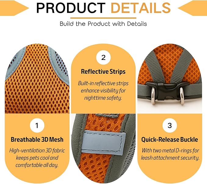 Small Dog Harness and Leash Set, Adjustable Step-in Dog Harness with Back Clip, Reflective Escape Proof Easy Walk Dog Harness for Small Sized Dog, Puppy, Cats (OrangeGrey XS)