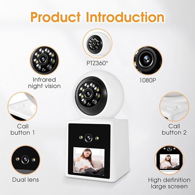 Two-Way Video Call Security Camera with HD Screen, 1080P Indoor Home Security Camera, Indoor House Sitter Camera, Baby/Elderly/Sitter/Dog/Pet Camera with Mobile Apps