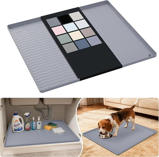 URMONA Waterproof Silicone Under Sink Mat 25'' x 22'' Shelf Liner for Kitchen and Bathroom, Cabinet and Counter Protector, Storage and Organizers, Litter Mat, Pet Cat Puppy Essentials(Light Grey)