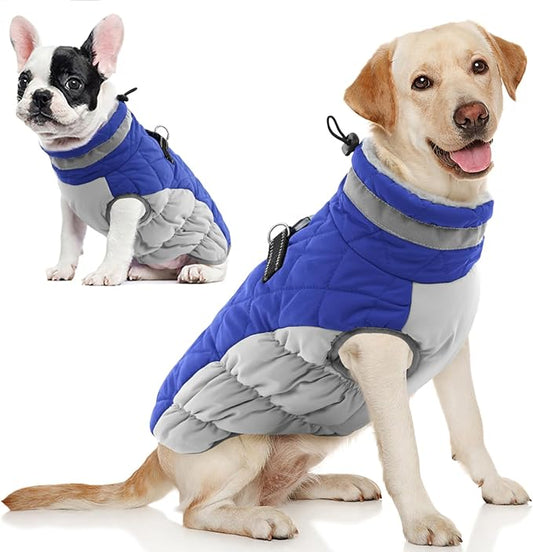 AOFITEE Dog Coat, Warm Dog Winter Coat, Reflective Cold Weather Dogs Puffer Jacket with Harness Built in, Waterproof Pet Fleece Vest Snowsuit for Small Medium Large Dogs, Blue L