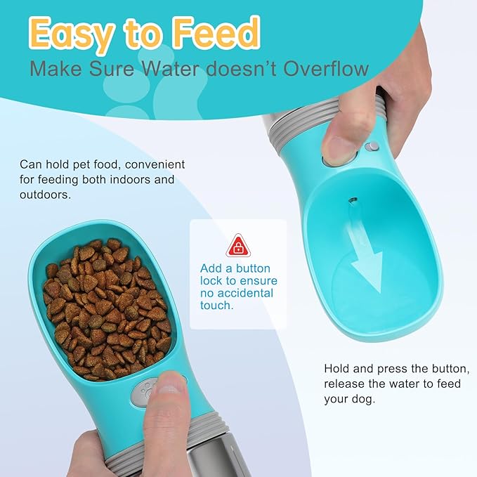 Portable Dog Water Bottle with Food Container, 14 OZ, Stainless Steel Leak Proof Puppy Water Dispenser with Drinking Feeder for Pets Travel, Walking, Hiking and Outdoor Activities
