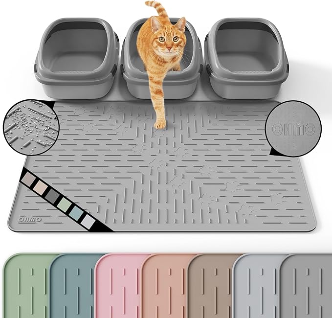 OHMO Cat Litter Mat XXL Trapping Mat Premium Silicone Rubber 37.5x25.2 Grey, Waterproof and BPA Free Kitty Litter Box Mat, Easy to Clean and Keeps The Floor Tidy